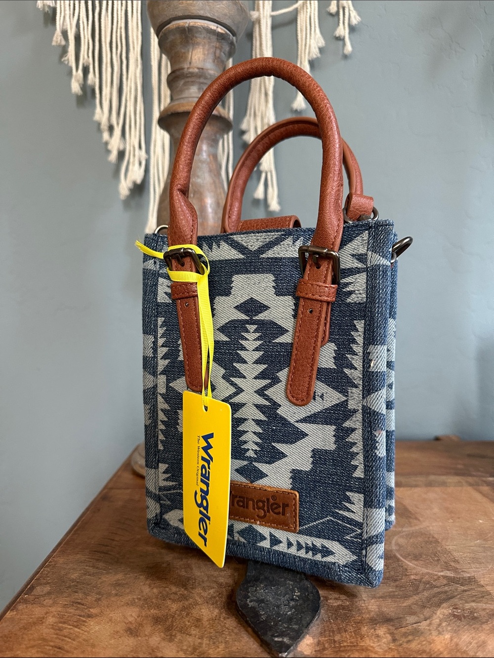 NWT Wrangler Denim Aztec Mini Tote/Purse in Navy & Brown